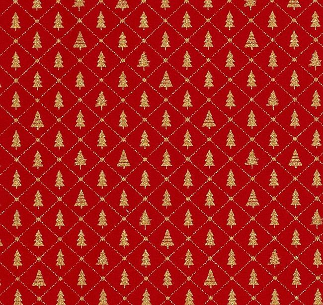 Vánoční látka z bavlny v červené barvě s potiskem zlatých stromečků 20714/015