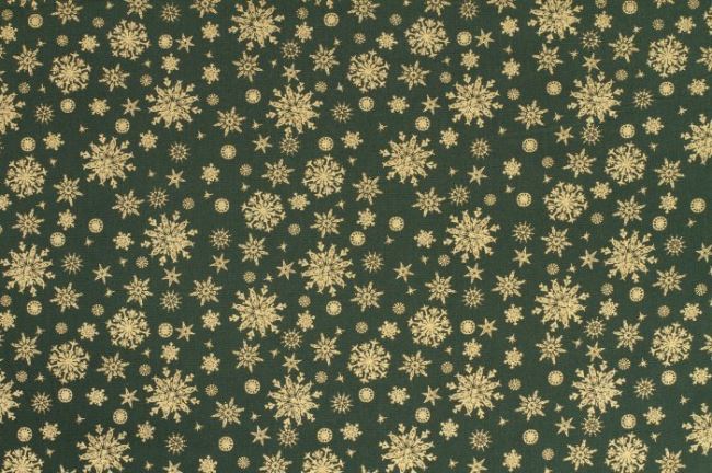 Vánoční látka z bavlny tmavě zelená se zlatým vzorem vloček 05985/028
