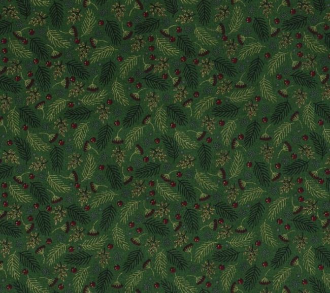 Vánoční látka z bavlny v zelené barvě s potiskem větviček 14708/025