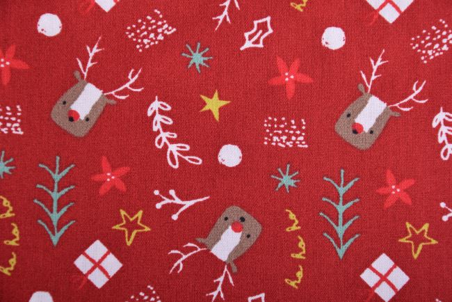 Vánoční látka z bavlny v červené barvě s potiskem dárků K15035-016D
