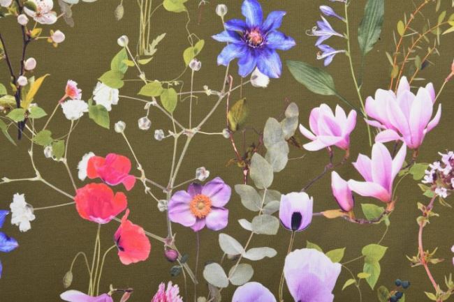Bavlněný úplet s digitálním v khaki barvě s potiskem lučních květin 16341/215