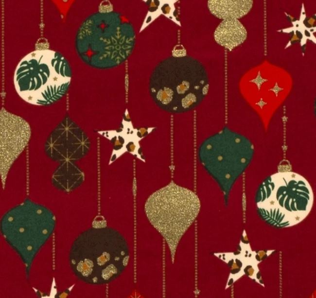 Vánoční látka z bavlny v červené barvě s potiskem ozdob 18706/016