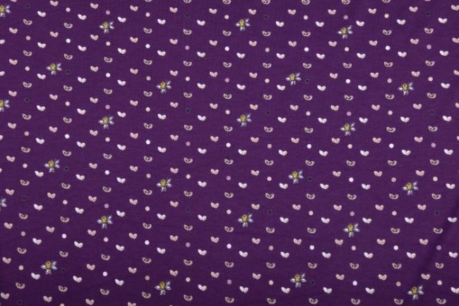 Viskozový úplet ve fialové barvě s potiskem puntíků a květin 10322/045