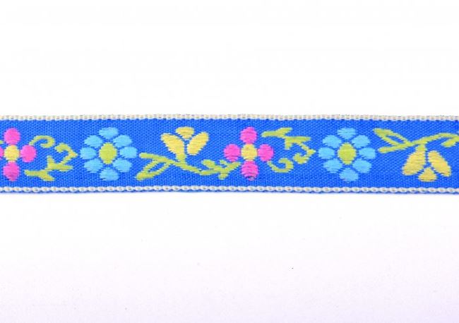 Ozdobná tkaná stuha v modré barvě s květy 30118