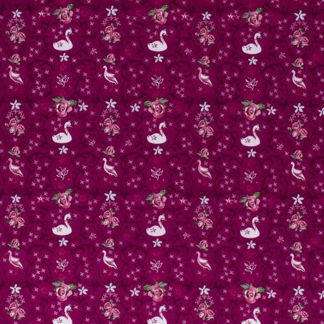Bavlněná látka v tmavě růžové barvě s potiskem květin a labutí 13084/019