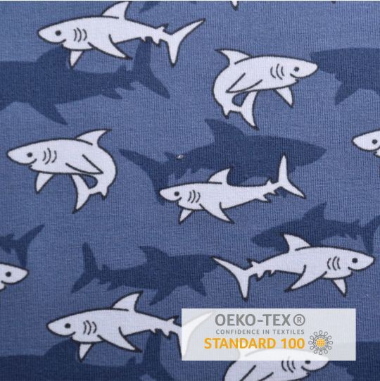 Bavlněný úplet v šedomodré barvě s potiskem žraloků 17693/008