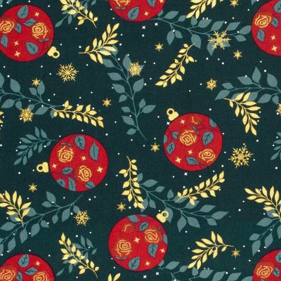 Vánoční látka z bavlny v tmavě zelené barvě s potiskem ozdob 22731/028