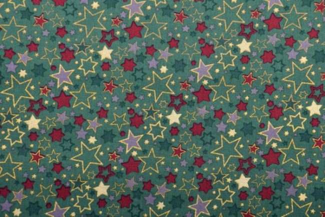 Vánoční látka z bavlny v tmavě zelené barvě s potiskem barevných hvězdiček 12714/025