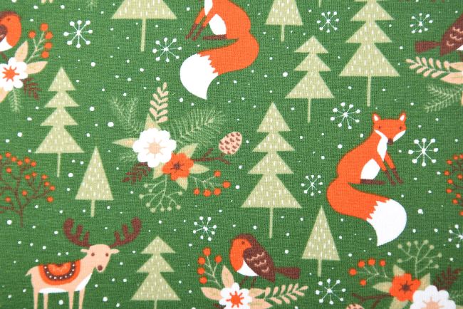 Vánoční bavlněný úplet v zelené barvě s potiskem lesních zvířátek 18740/028