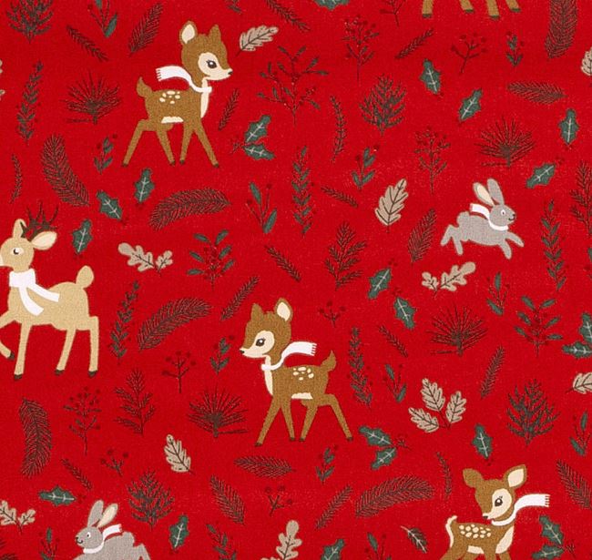 Vánoční látka z bavlny v červené barvě s potiskem zvířátek a větviček 20735/015