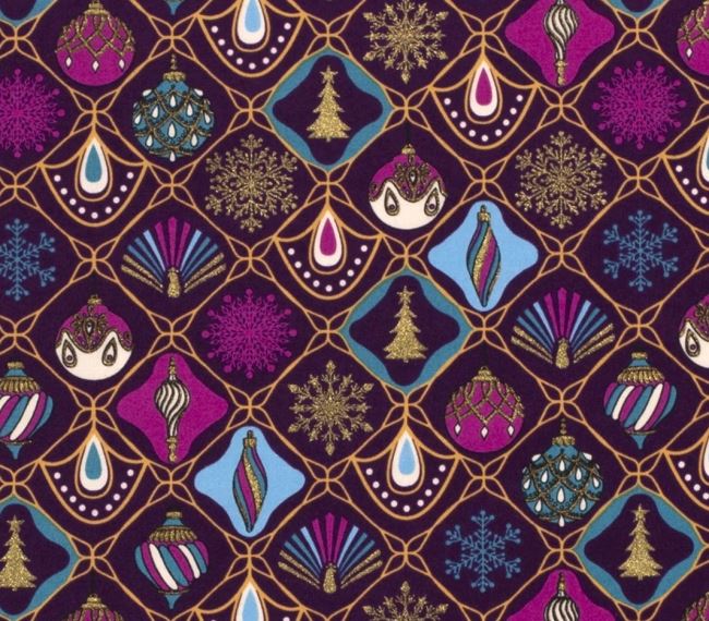 Vánoční látka z bavlny ve fialové barvě s ozdobným potiskem 18709/044