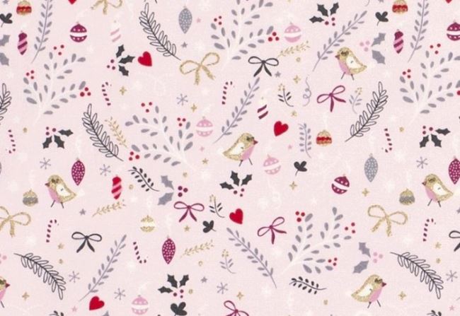 Vánoční látka z bavlny v růžové barvě s folkórním potiskem 16714/011