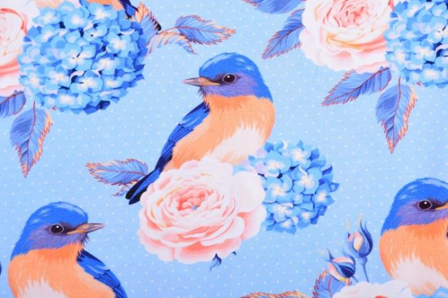 Bavlněný úplet v modré barvě s digitálním potiskem květin a ptáčků 62321