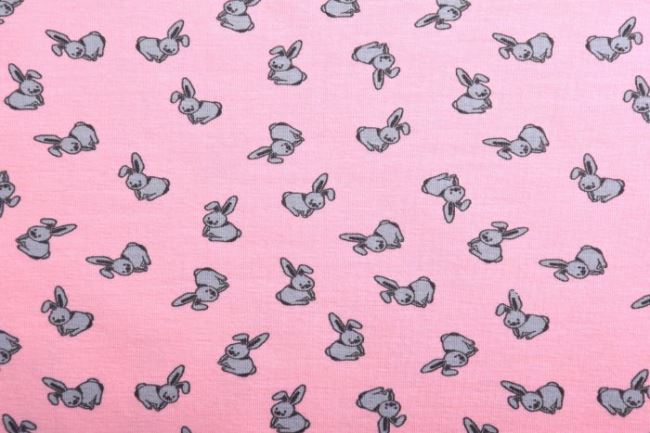 Bavlněný úplet v růžové barvě s potiskem králíčků KC1411-232