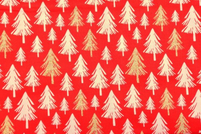 Vánoční červená bavlna s potiskem zlatých stromů 130.254/5019