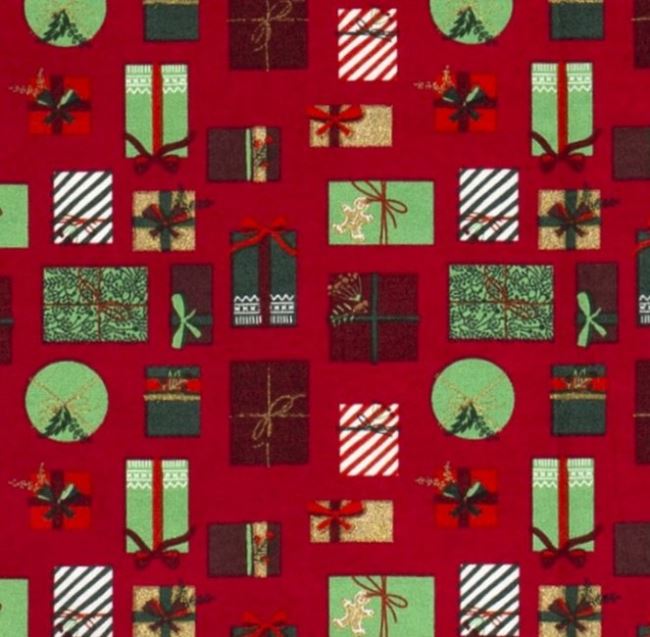 Vánoční látka z bavlny v červené barvě s potiskem dárků 16721/015