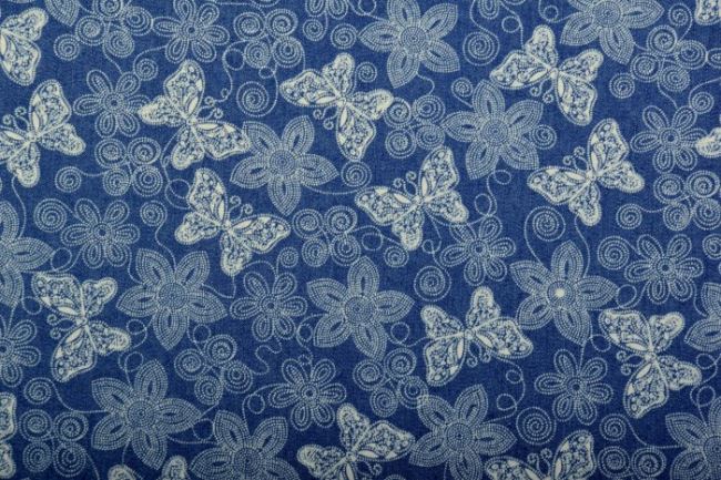 Džínovina v modré barvě s potisekm motýlů a květin 4014/003