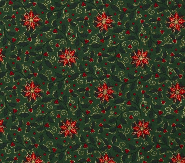 Vánoční látka z bavlny v zelené barvě s potiskem hvězdy a cesmíny 18727/025