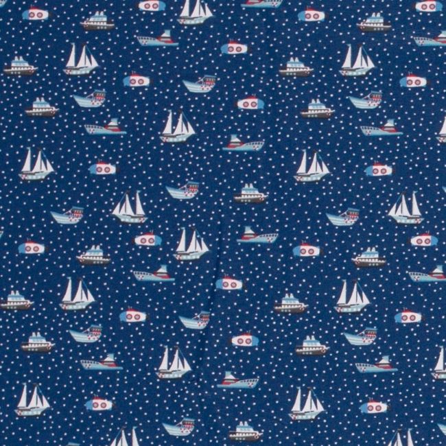 Bavlněný úplet v modré barvě s potiskem lodí 19620/008
