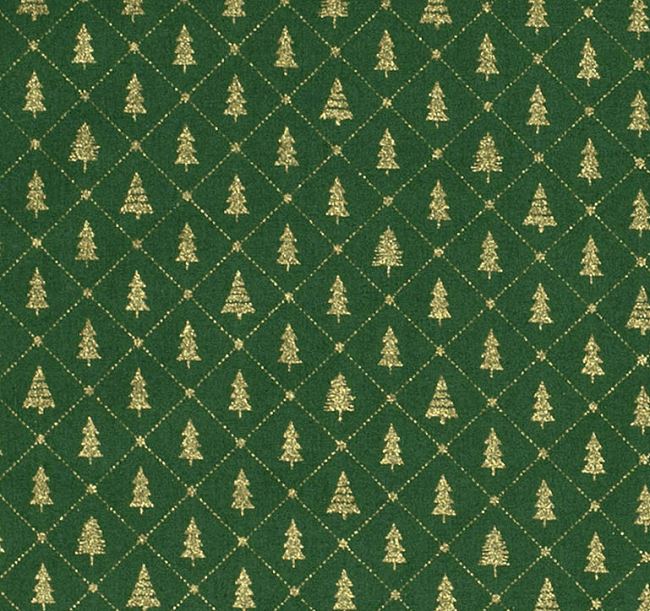 Vánoční látka z bavlny v zelené barvě s potiskem zlatých stromečků 20714/025