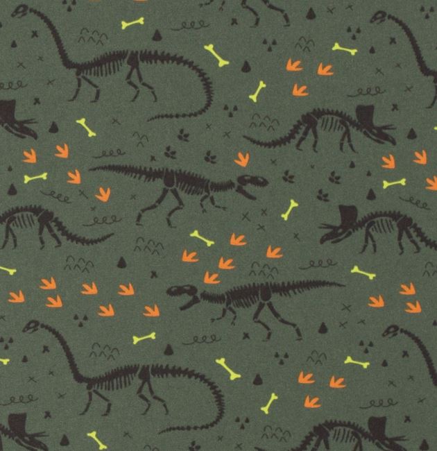Bavlněný úplet v khaki barvě s potiskem koster dinosaurů 19644/027