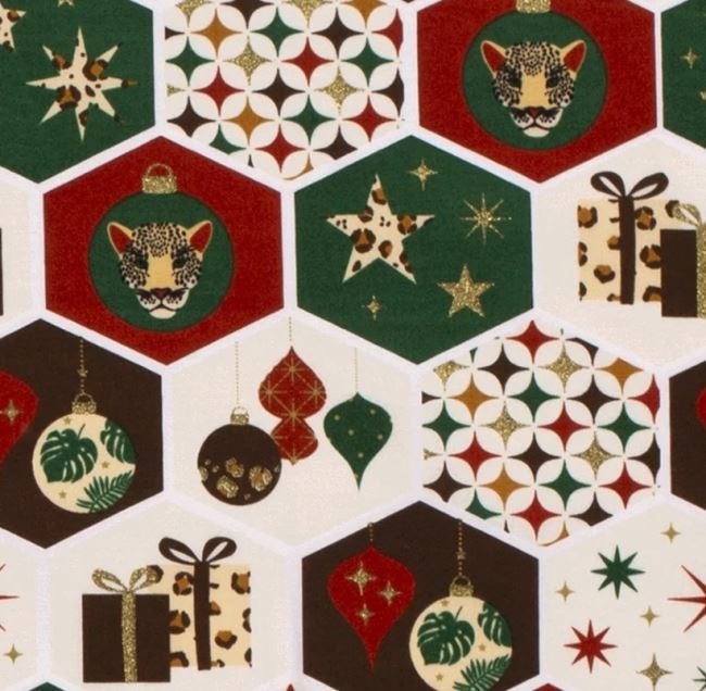 Vánoční látka z bavlny ve smetanové barvě s ozdobným potiskem 18704/051
