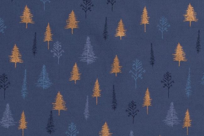 Vánoční látka z bavlny v modré barvě s potiskem stromů 18724/006
