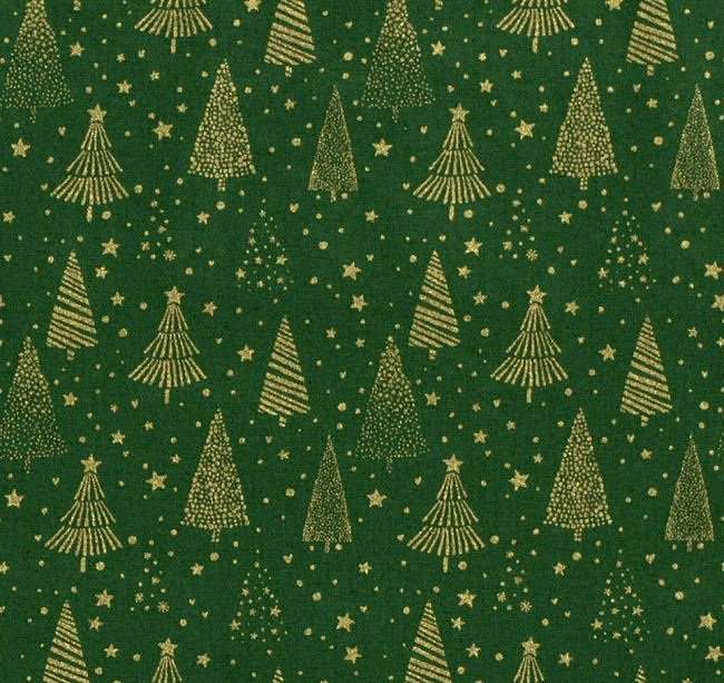 Vánoční látka z bavlny v zelené barvě s potiskem zlatých stromů 20710/025