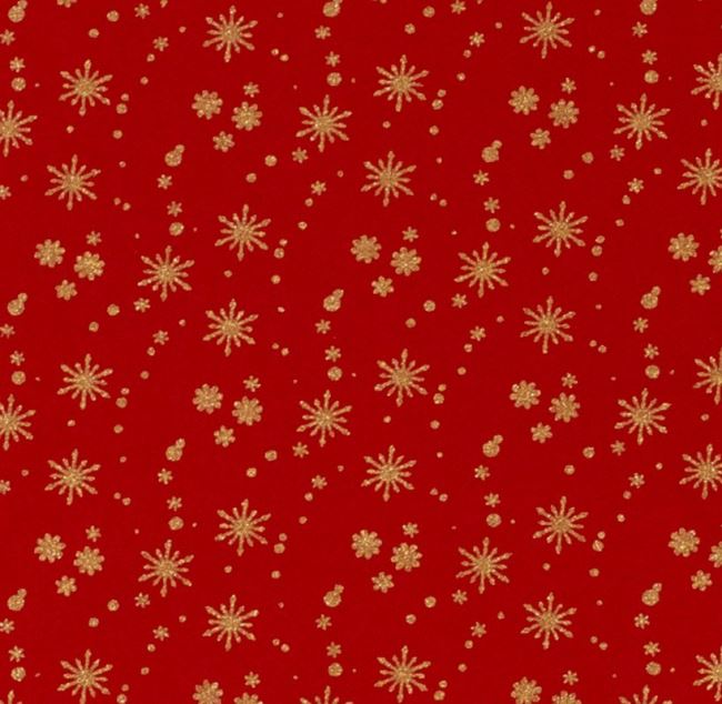 Vánoční látka z bavlny v červené barvě s potiskem zlatých hvězdiček 20711/015