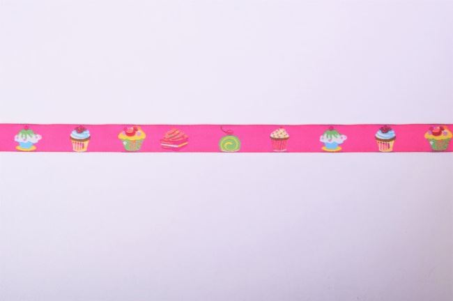 Ozdobna stuha růžová se vzorem cupcaku 20068