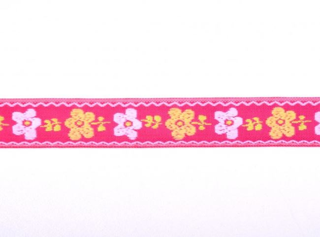 Ozdobná tkaná stuha v růžové barvě s květy 30137