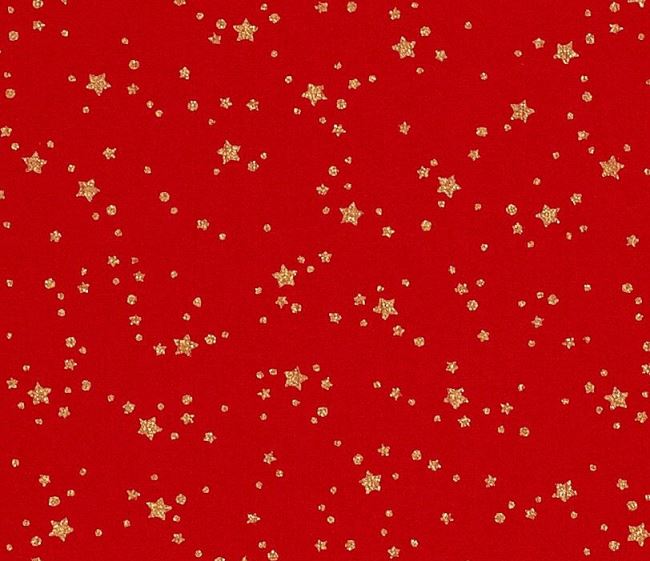 Vánoční látka z bavlny v červené barvě s potiskem zlatých hvězdiček a puntíků 20709/015