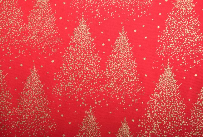 Vánoční látka z bavlny v červené barvě s potiskem zlatých stromů 14716/015