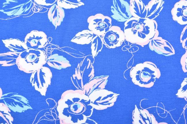 Viskózový úplet v modré barvě s potiskem květin K18