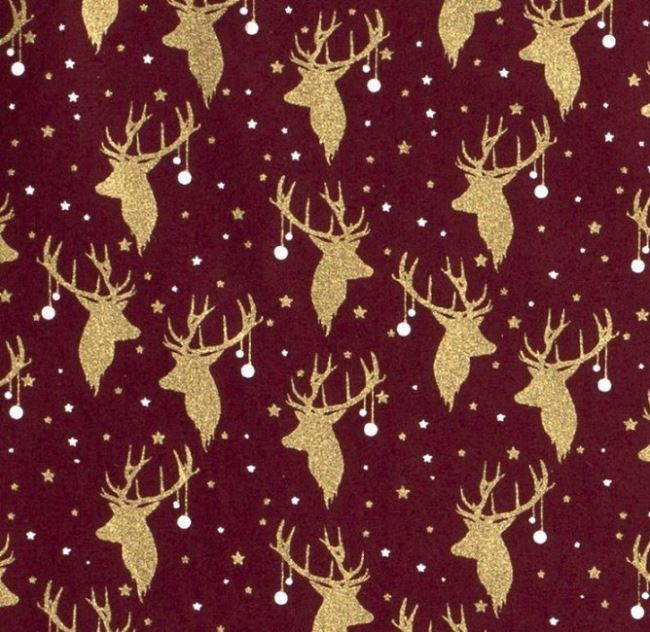 Vánoční látka z bavlny ve vínové barvě se zlatým potiskem jelenů 16705/018
