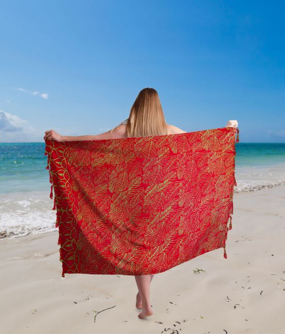 Pareo/sarong z Bali s kokosovou sponou s batikou v červené barvě s potiskem listů BALI114