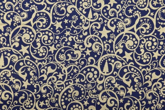 Vánoční látka z bavlny v tmavě modré barvě se zlatými ornamenty 12705/008