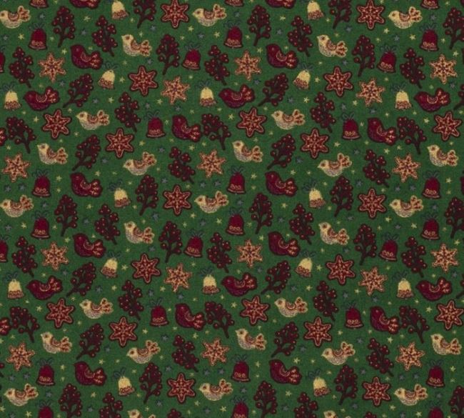 Vánoční látka z bavlny v zelené barvě s potiskem perníčků 14706/025