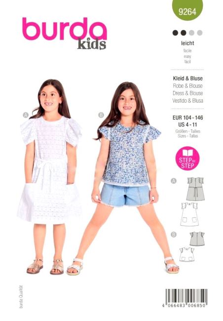 Střih na dětské volné šaty s páskem a blůzu 104-146 9264