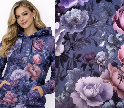 Teplákovina French Terry v modré barvě s digitálním potiskem květin AP-D-22851