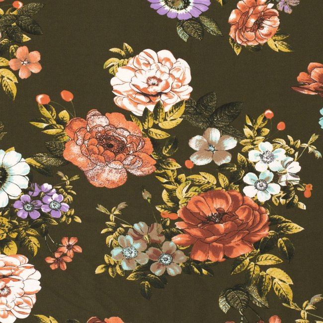Bavlněný úplet v khaki barvě s digitálním potiskem květin 15328/026