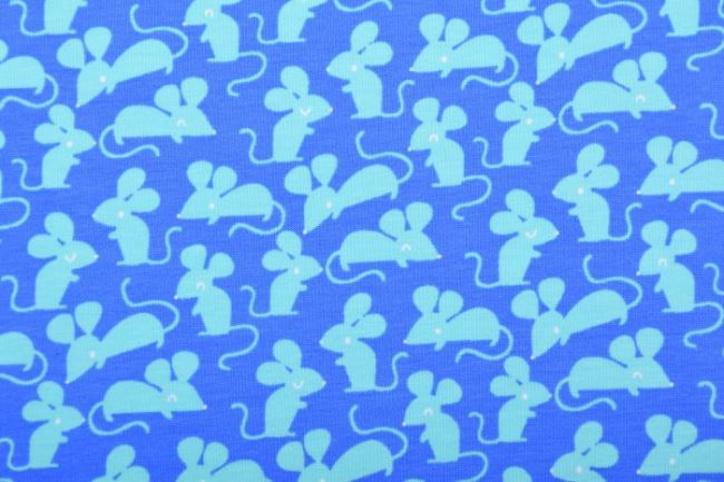 Bavlněný úplet s Oeko-Tex v modré barvě s potiskem myšiček 131.652/3011