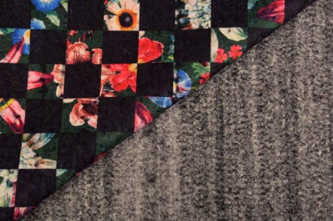 Kabátová látka v černé barvě se vzorem květin 9087/69