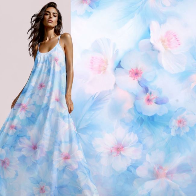 Umělé hedvábí Silky s digitálním potiskem modrých květin SMT-SD1638C