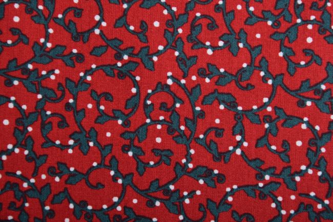 Vánoční látka z bavlny v červené barvě s potiskem větviček K15034-016D