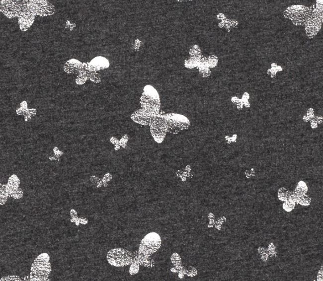 Bavlněný úplet v tmavě šedé barvě s foliovým potiskem motýlů 18167/068