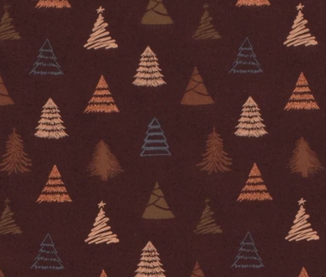 Vánoční látka z bavlny v hnědé barvě s potiskem stromů 18703/055