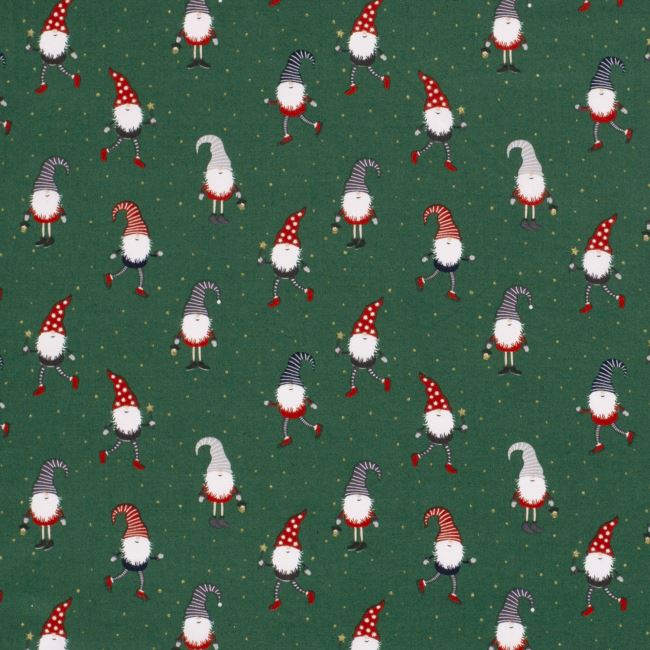 Vánoční látka z bavlny v zelené barvě s potiskem skřítka 20732/025