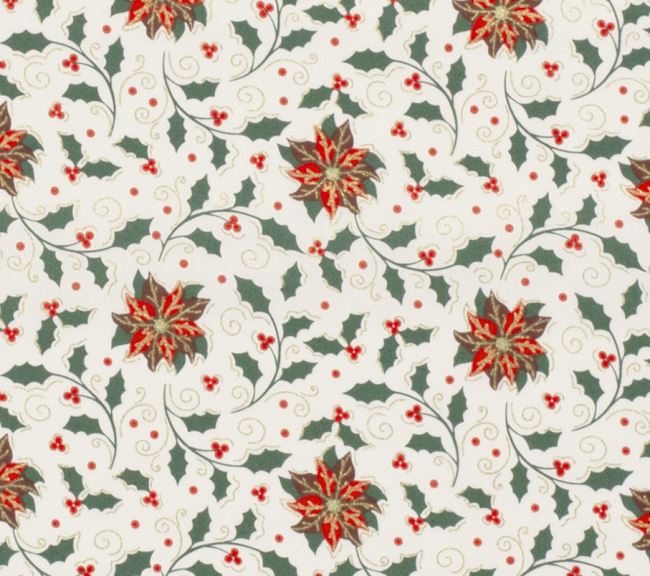 Vánoční látka z bavlny ve smetanové barvě s potiskem květin 20723/051