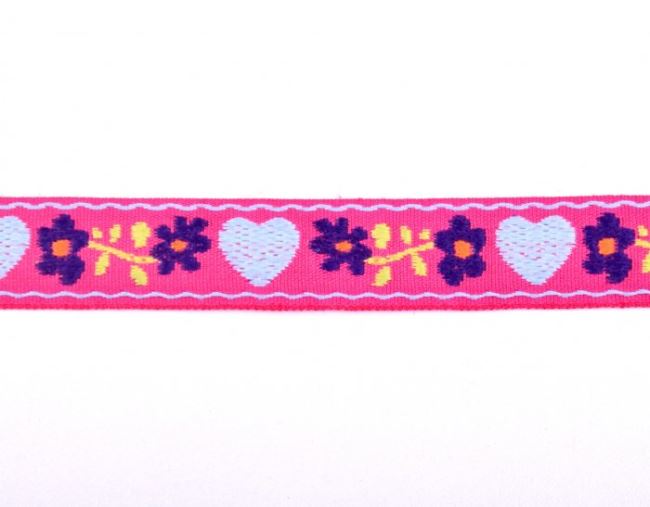 Ozdobná tkaná stuha v růžové barvě s květy a srdíčky 30123